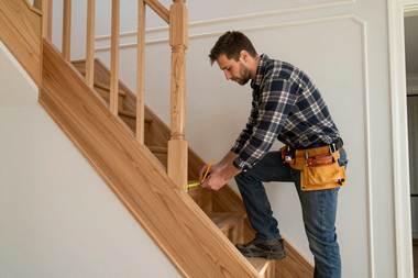 Man measuring stairs with a tape measure during home renovation