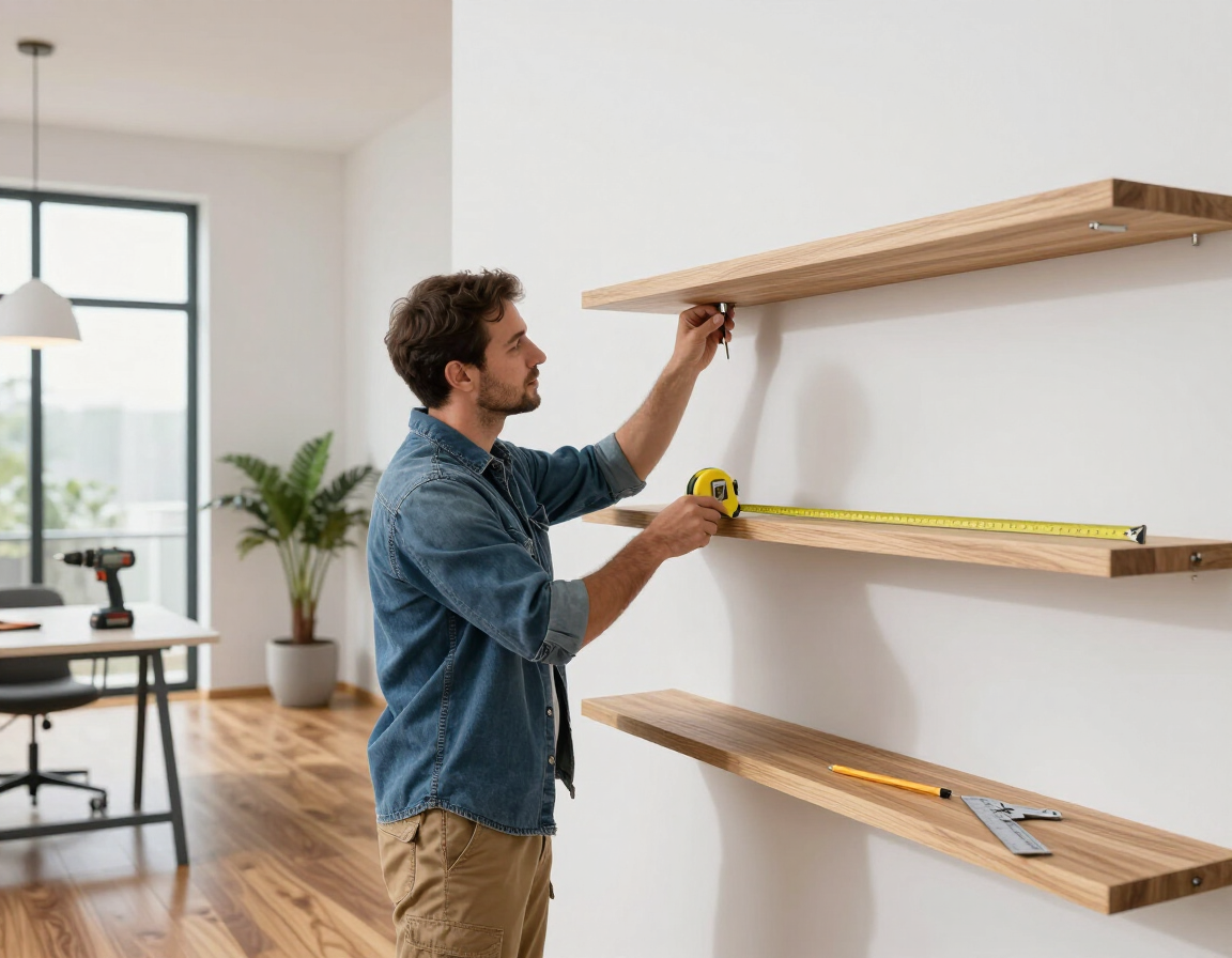 Handyman installing shelving and trim