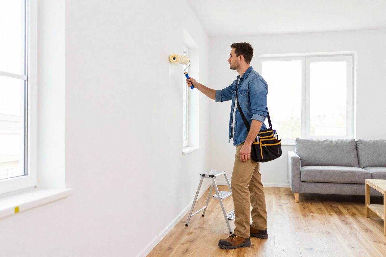 Handyman completing a home repair and painting task