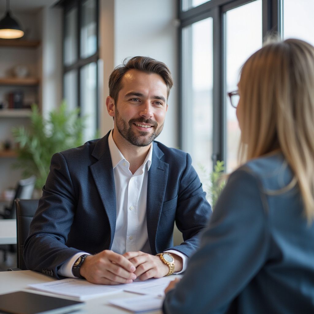 Man in a suit smiles and talks to a woman at a table in an office setting.