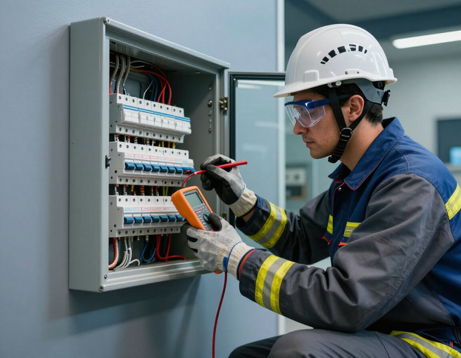 Electricista revisando un tablero eléctrico residencial