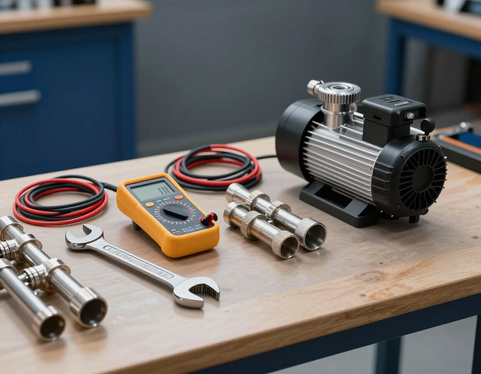 Técnico de plomería y electricidad trabajando con herramientas y equipo de bombeo