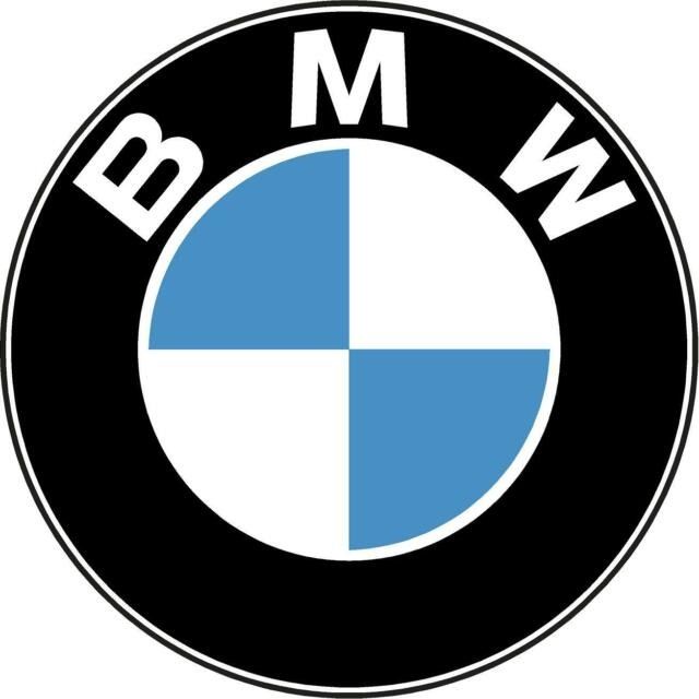 BMW logo: Circular emblem with a black border, blue and white quadrants, and "BMW" at the top.