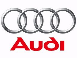 Audi logo: Four interlocking silver rings above the red word "Audi".
