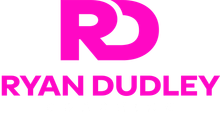 A pink logo for ryan dudley on a white background.