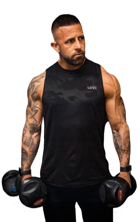 A man in a black tank top is holding two dumbbells.