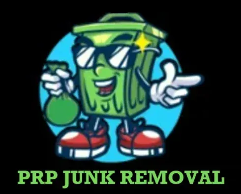 A PRP Junk Removal logo features a cool trash can with sunglasses doing a finger gun and holding a trash bag. 