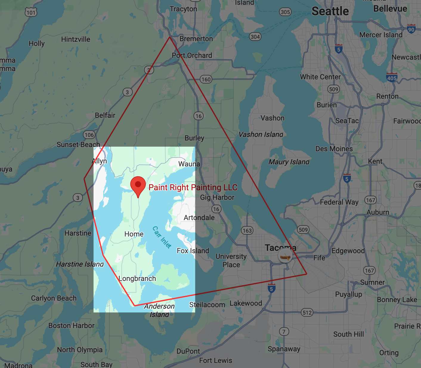 Map showing the PRP service area and highlighting the Key Peninsula. 