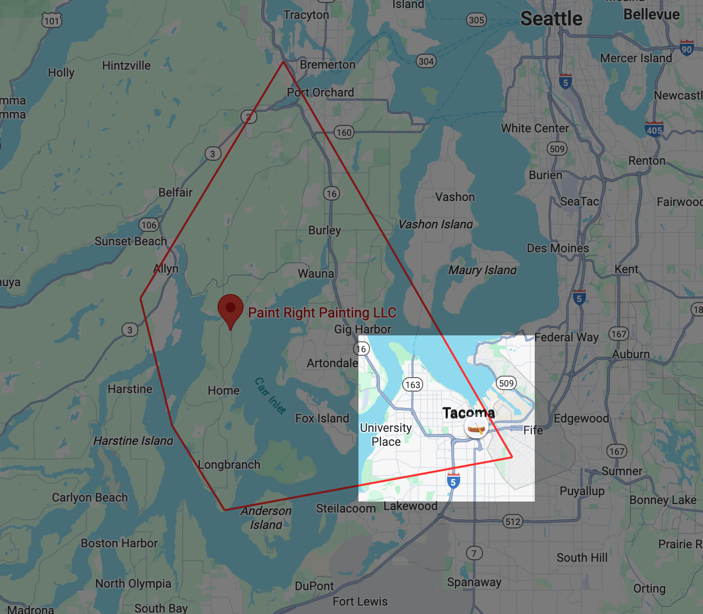 A map of the Paint-Right Painting service area with the city of Tacoma highlighted.