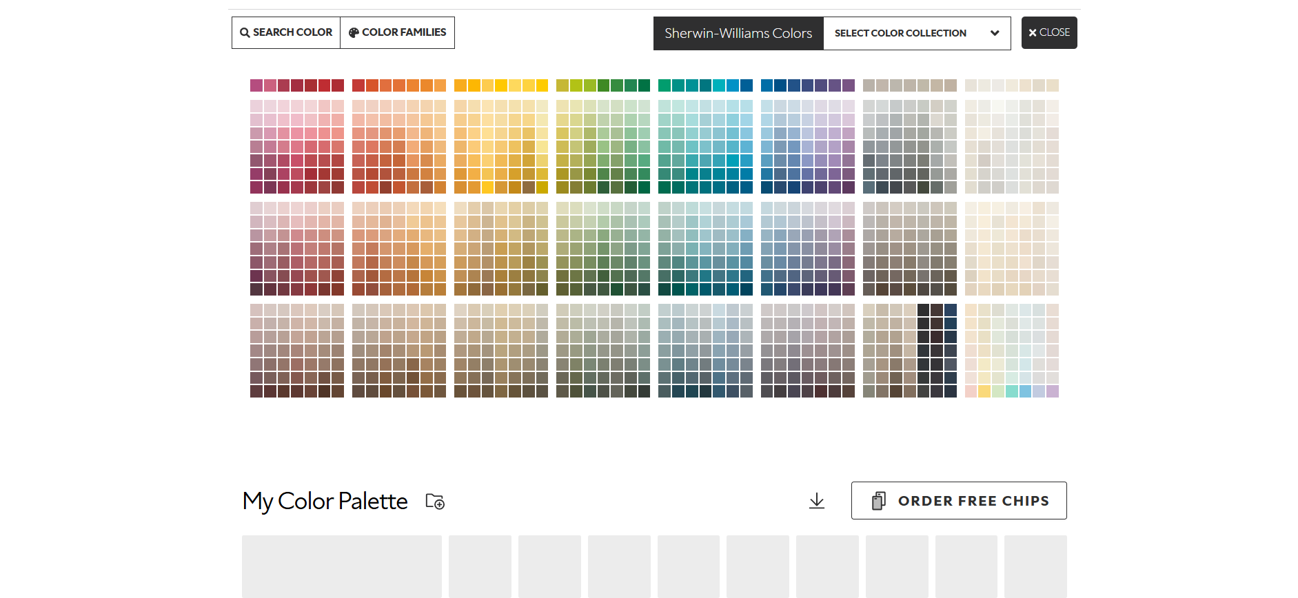 Color palette grid with multiple shades and colors, and a selected color visualizer space below.