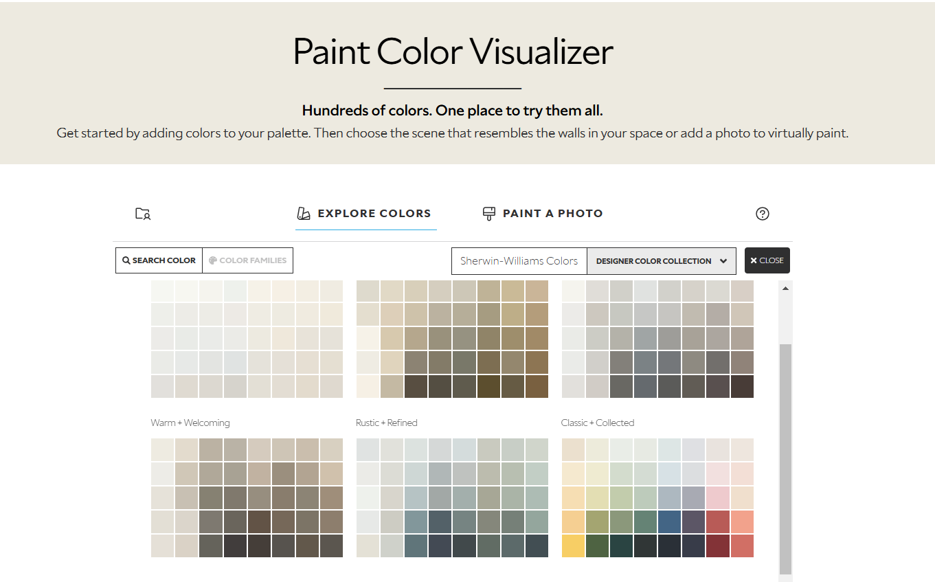 A screenshot of the Sherwin-Williams Paint Color Visualizr shows six different color palettes to explore.