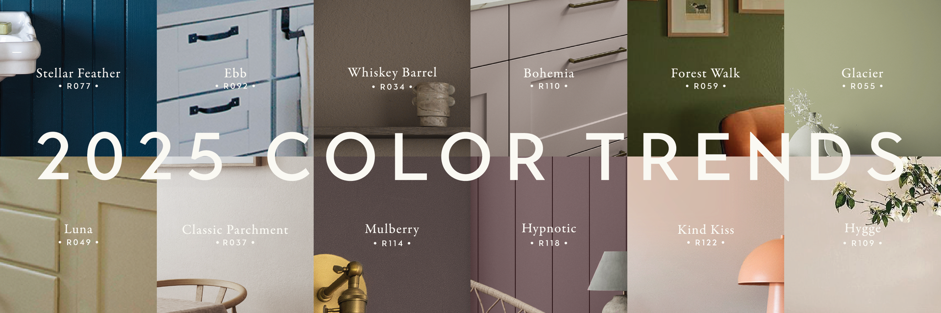 Paint color swatches for 2025 interior color trends.