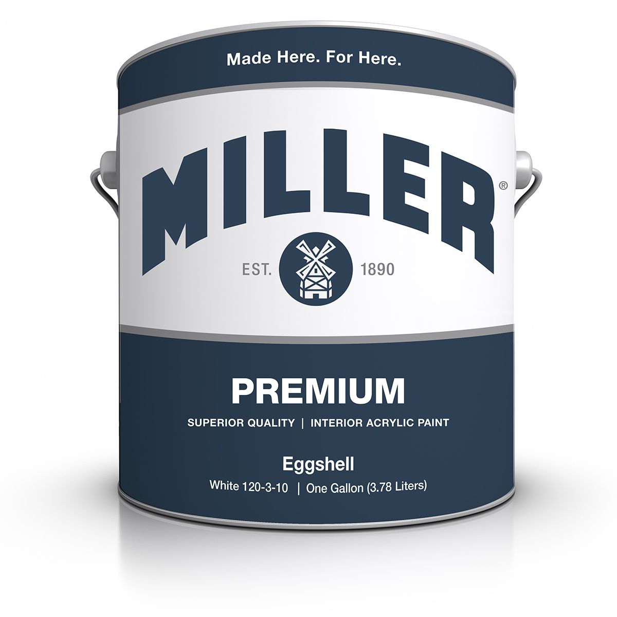 One-gallon can of Miller Premium Interior Acrylic Paint in eggshell finish.