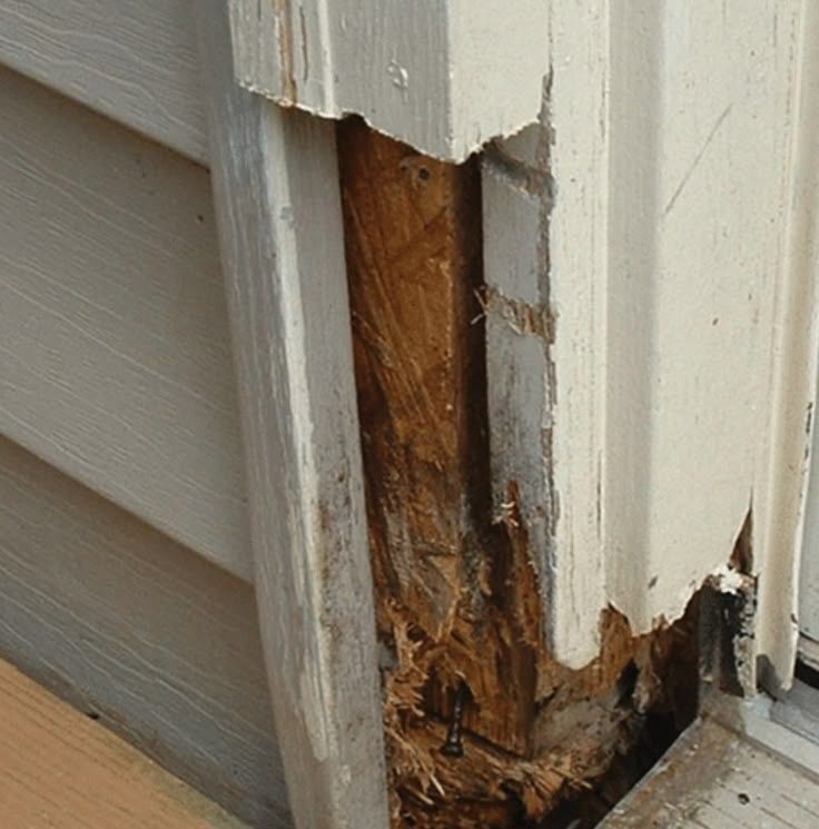 The bottom corner of exterior trim is missing due to wet rot, as can be seen from the crumbling siding underneath. 