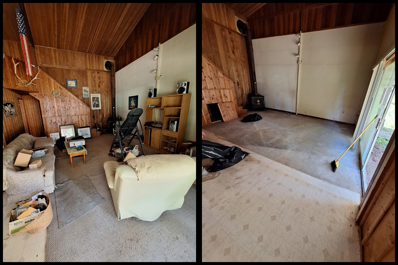Split view of a wood-paneled room with cluttered furniture on one side and an empty carpeted space on the other.