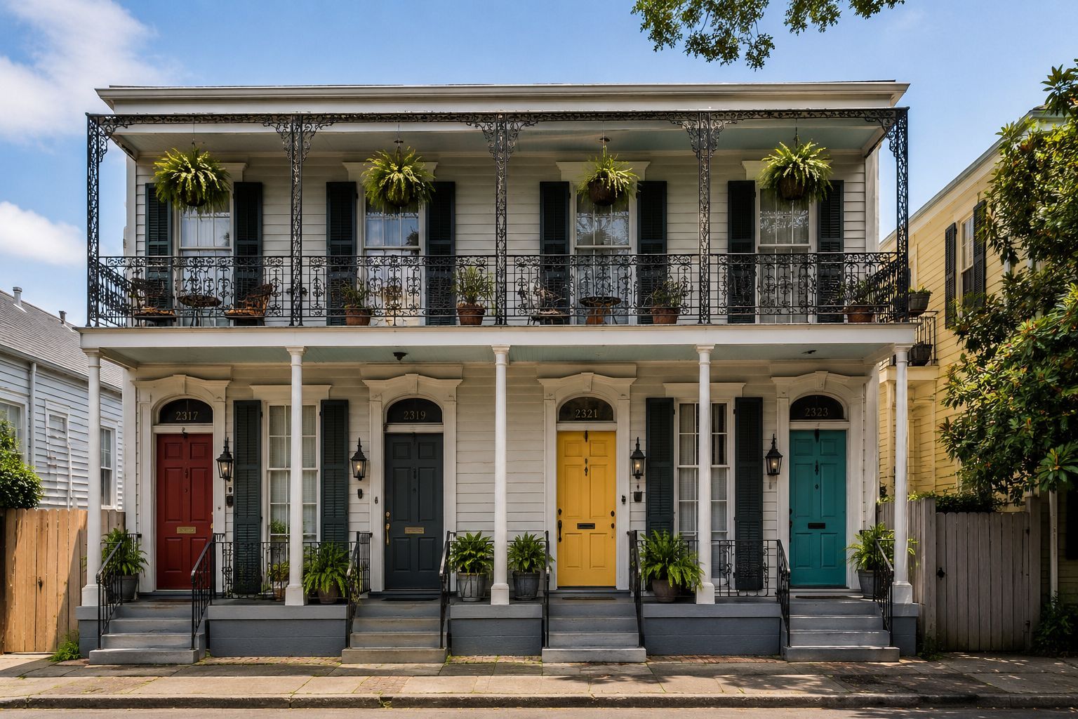 Row of colorful townhouses with black wrought-iron balconies and hanging plants under a bright blue sky