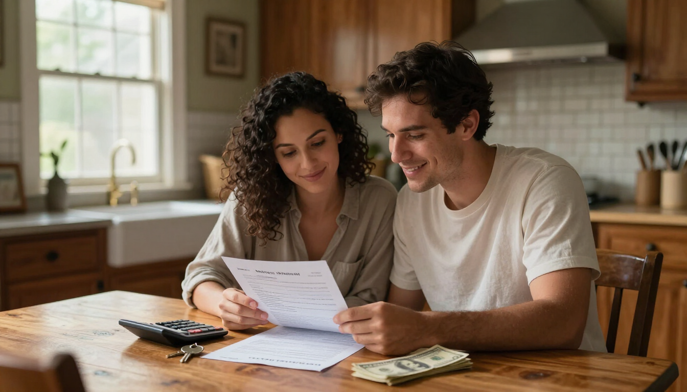 Louisiana couple reviewing their mortgage statement with a calculator, planning a mortgage recast