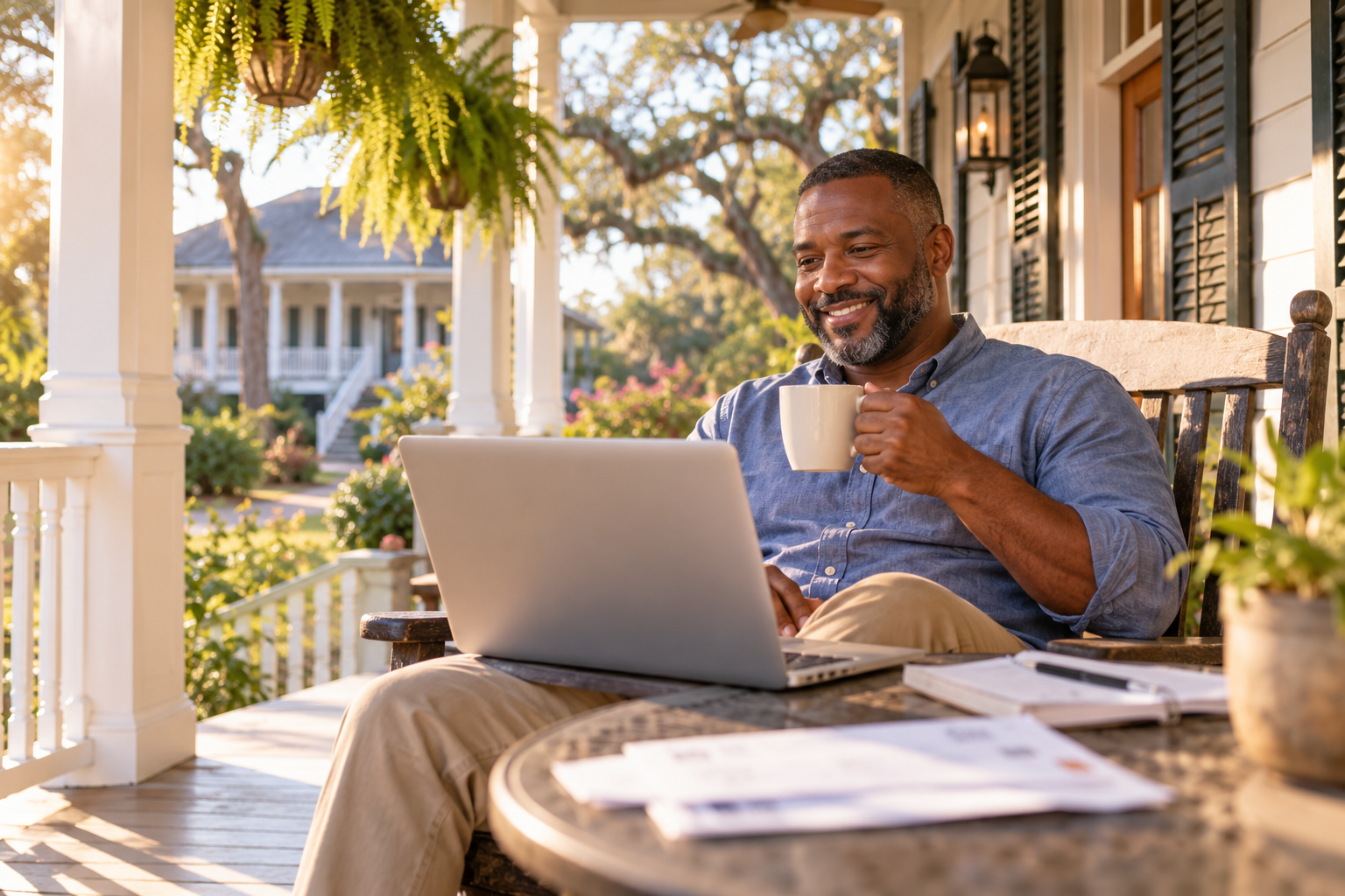 Louisiana homeowner on his front porch paying his property tax and insurance bills online