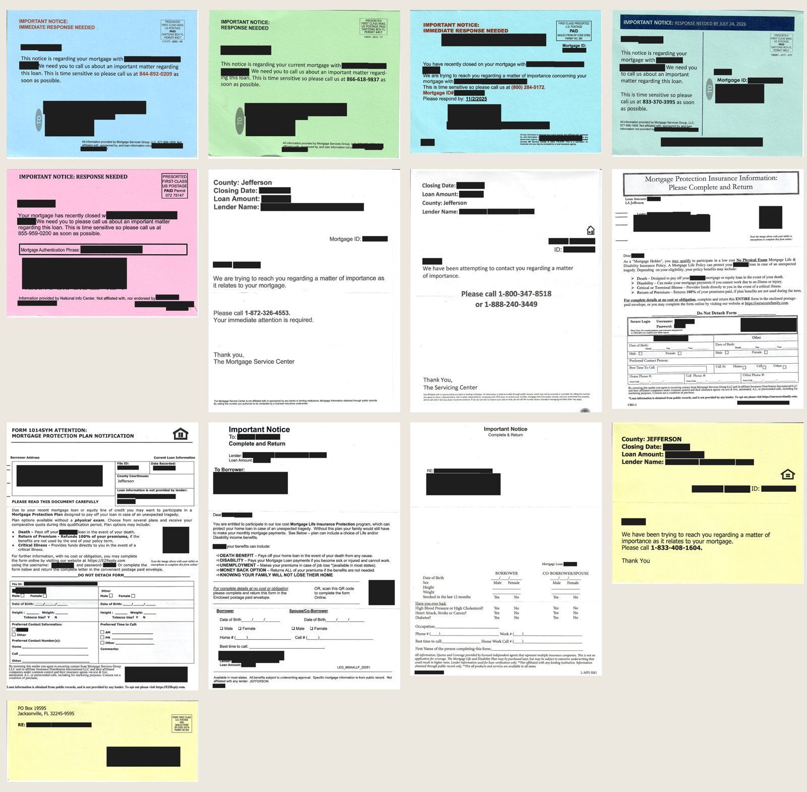 Thirteen mortgage protection insurance mailers received after one Louisiana loan closing, personal details blacked out
