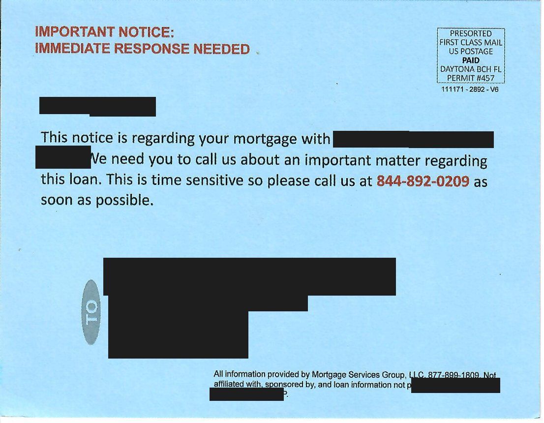 Blue mortgage protection postcard marked Important Notice, Immediate Response Needed