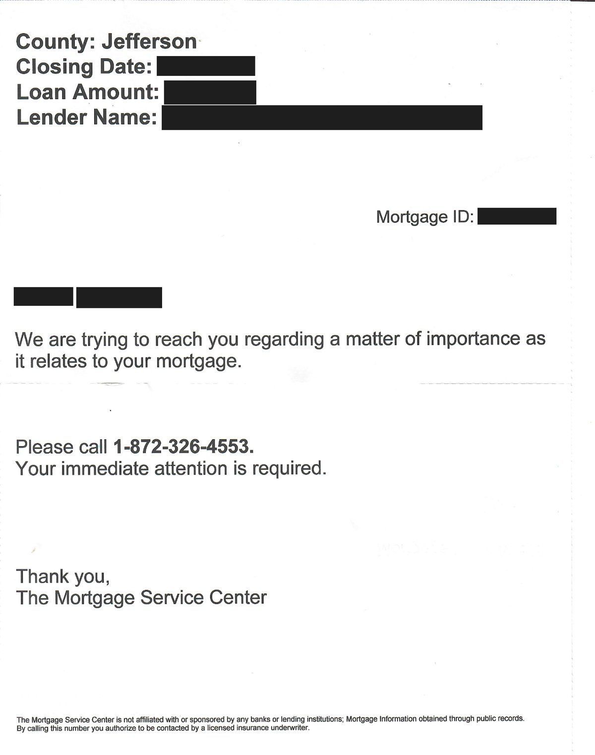 Mortgage Service Center letter listing county, closing date, loan amount and lender pulled from public record