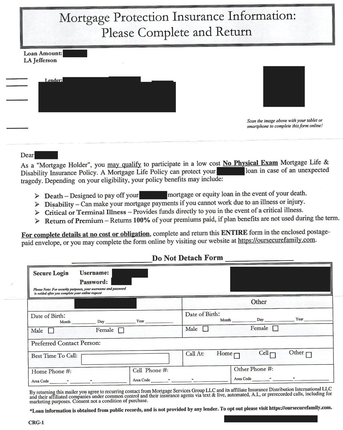 Mortgage protection insurance reply form advertising a no physical exam mortgage life policy
