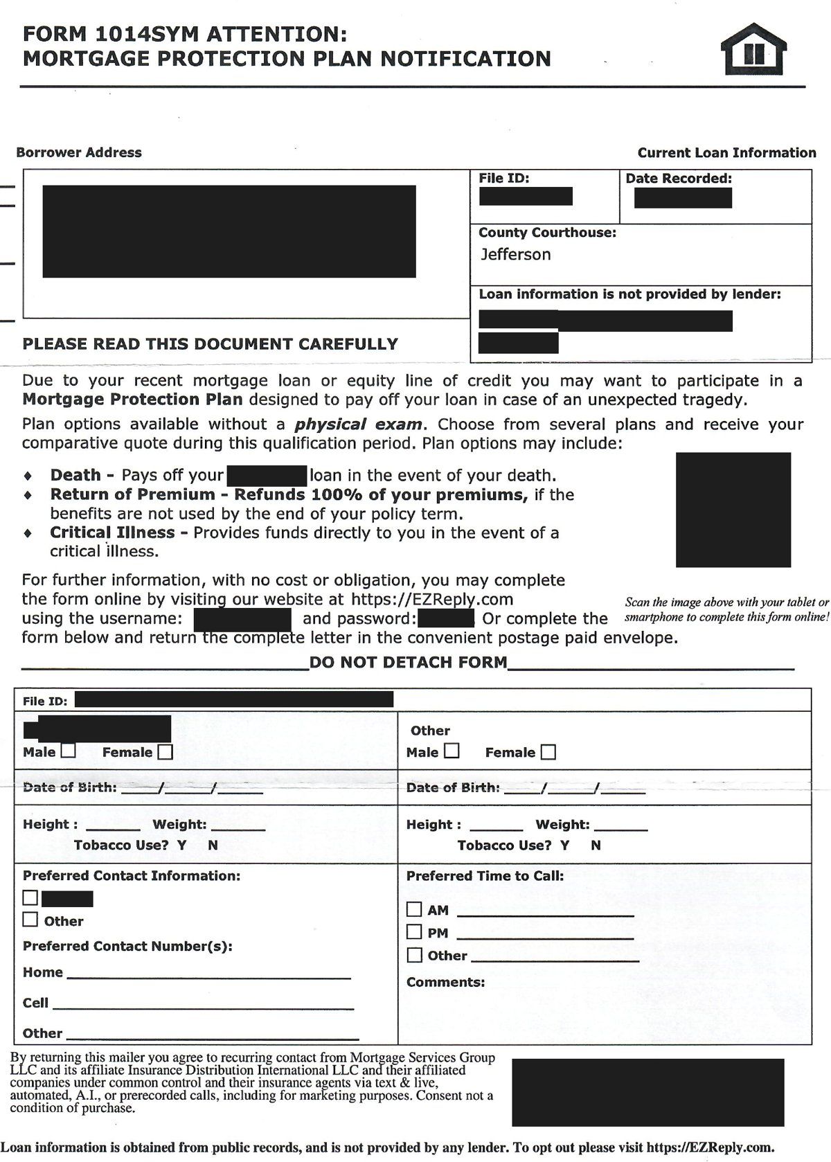 Form 1014SYM mortgage protection plan notification with file ID and fine print saying loan information is not provided by the lender