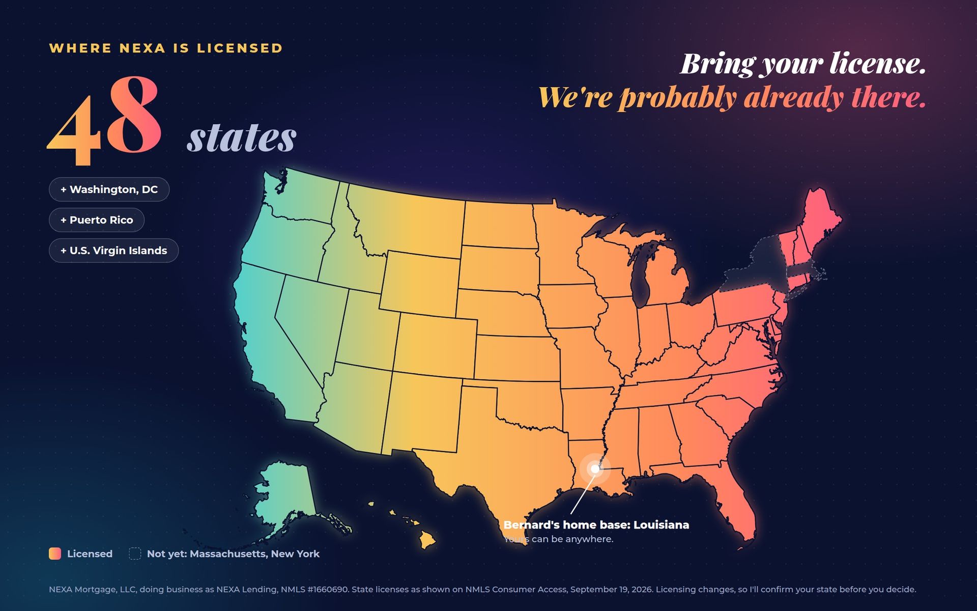 Map showing NEXA licensed in 48 states plus Washington DC, Puerto Rico and the U.S. Virgin Islands. Not yet licensed in Massachusetts and New York.