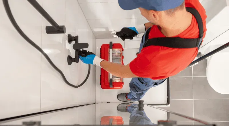 A plumber in red shirt and blue hat works on plumbing fixtures in a tiled bathroom.