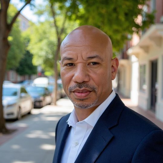 Portrait of a bald man in a navy blazer on a sunny tree-lined street
