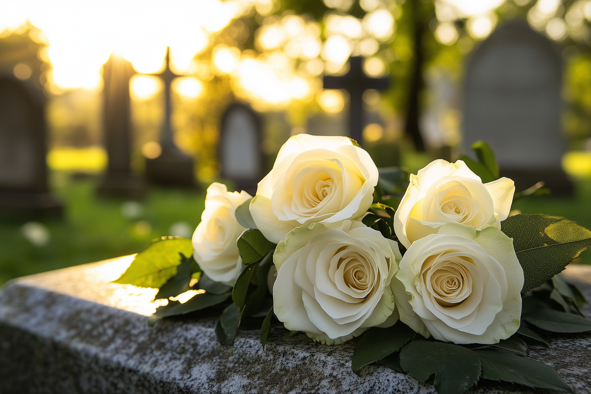 White roses resting on a stone marker in a sunlit cemetery at sunset