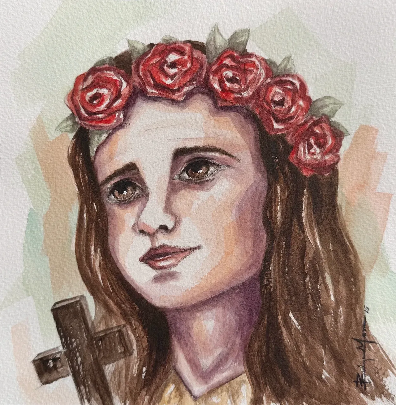 Watercolor painting of a person wearing a crown of red roses, looking upward with a solemn expression, holding a cross.