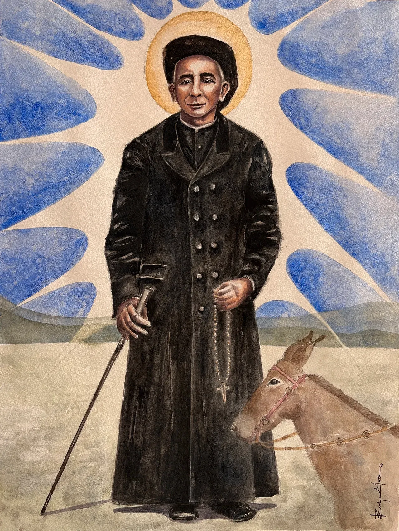 A painting of a person in a long dark coat with a halo, holding a cane and prayer beads, standing next to a donkey.
