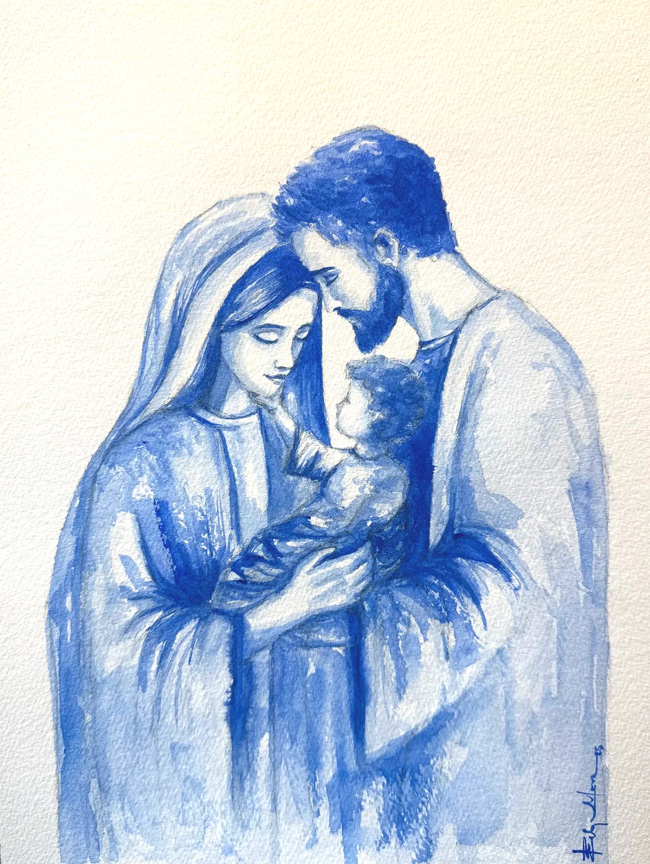 A monochromatic blue watercolor painting depicts a family group of three, with two figures leaning over a central infant.