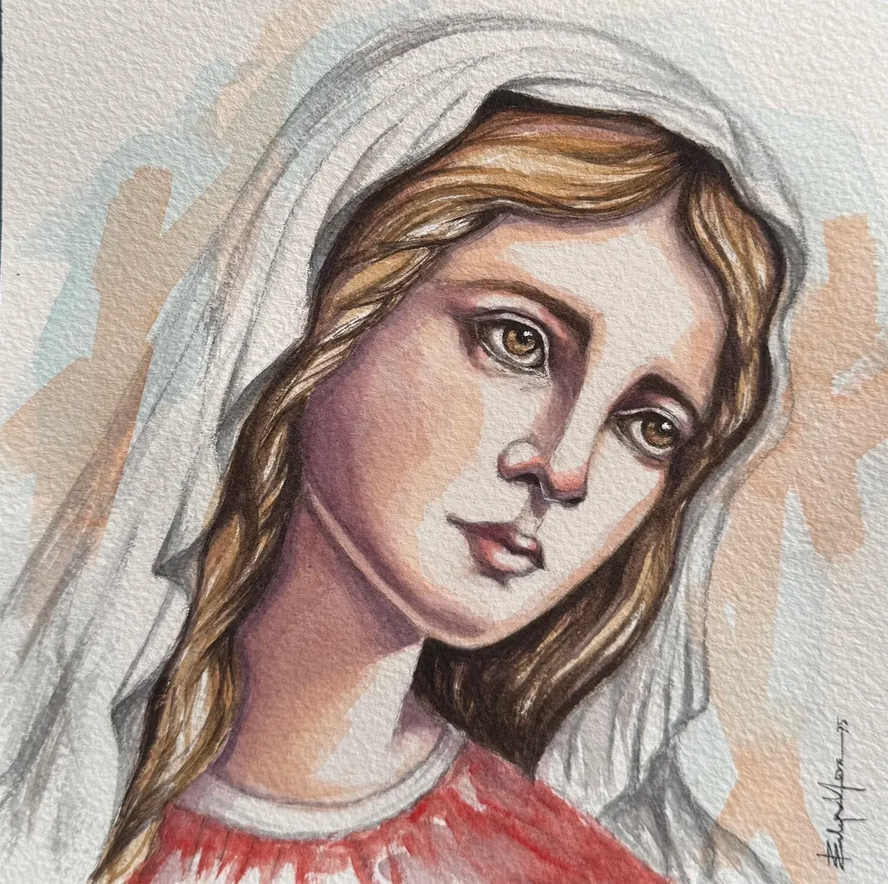 Watercolor painting of a person with long brown hair wearing a white head covering, looking thoughtfully to the side.