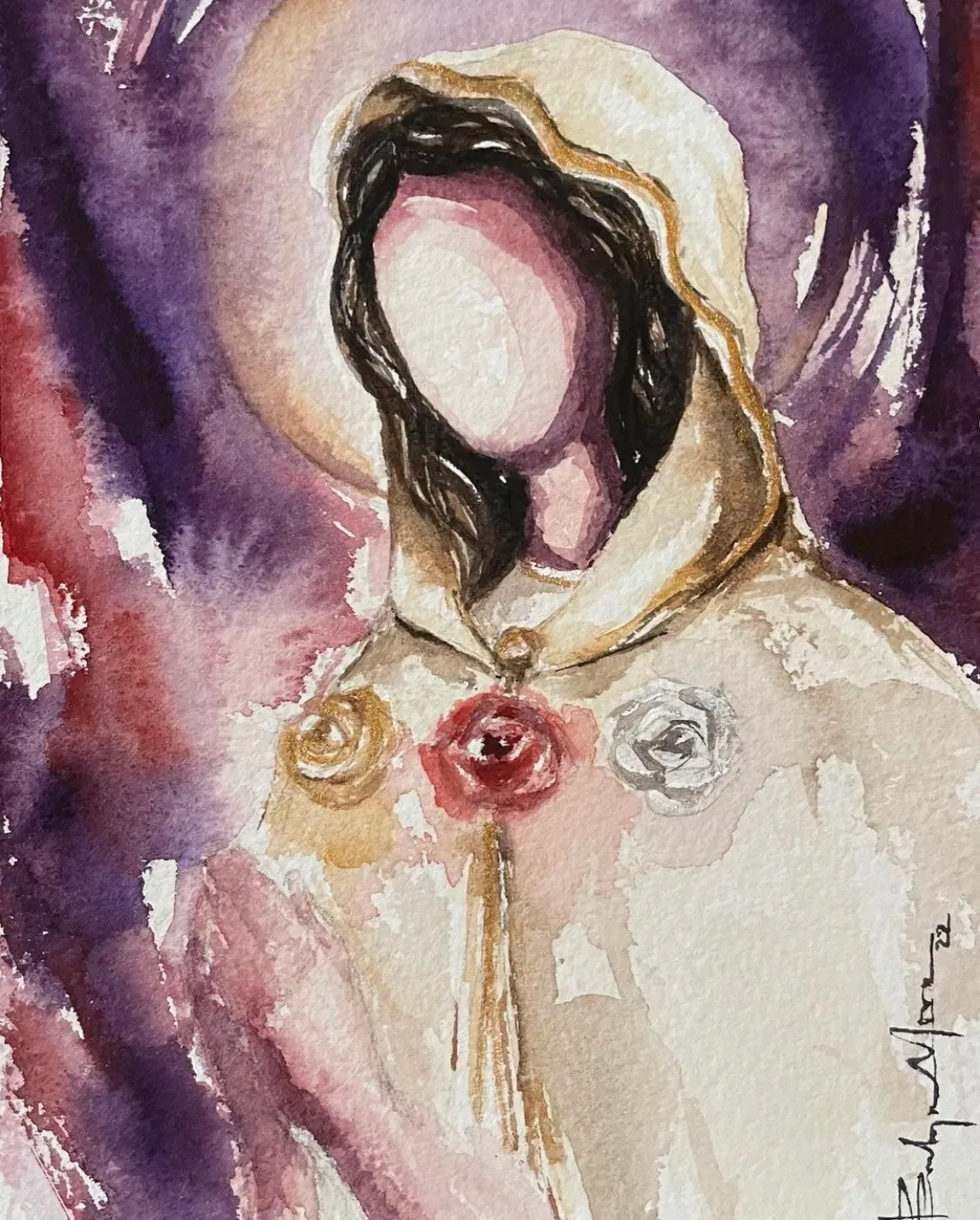 Watercolor painting of a faceless figure in a hooded cloak with three roses on the chest, set against a purple background.