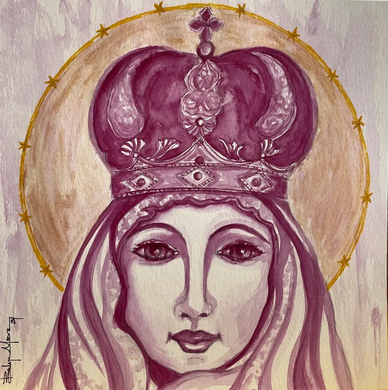 A painting of a crowned figure with a serene expression, set against a golden halo accented with small stars.