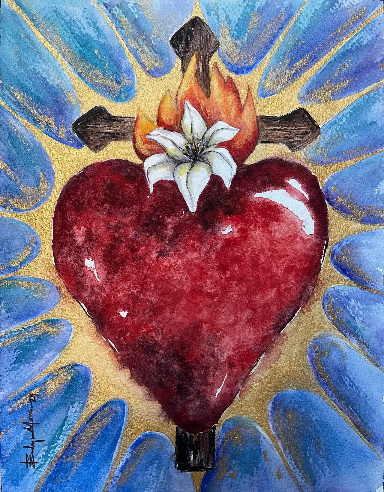 A red heart, topped with a lily and a cross in flames, centered against a gold background framed by blue petal shapes.