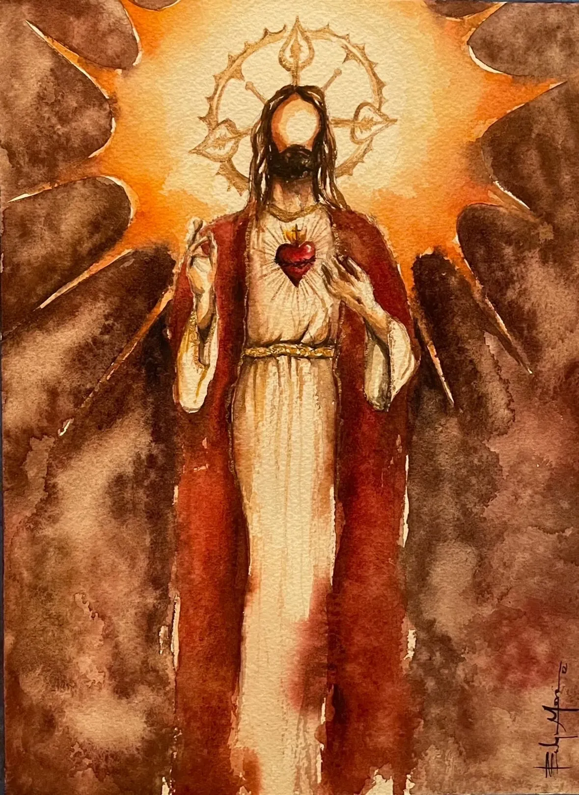 Watercolor painting of the Sacred Heart of Jesus, featuring a radiant halo, red robes, and a heart at the center of the chest.