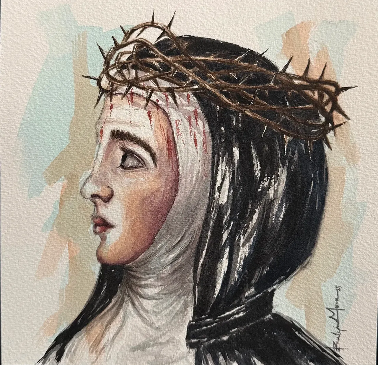 A painting of a nun in a white habit wearing a crown of thorns, with visible red marks on her forehead.