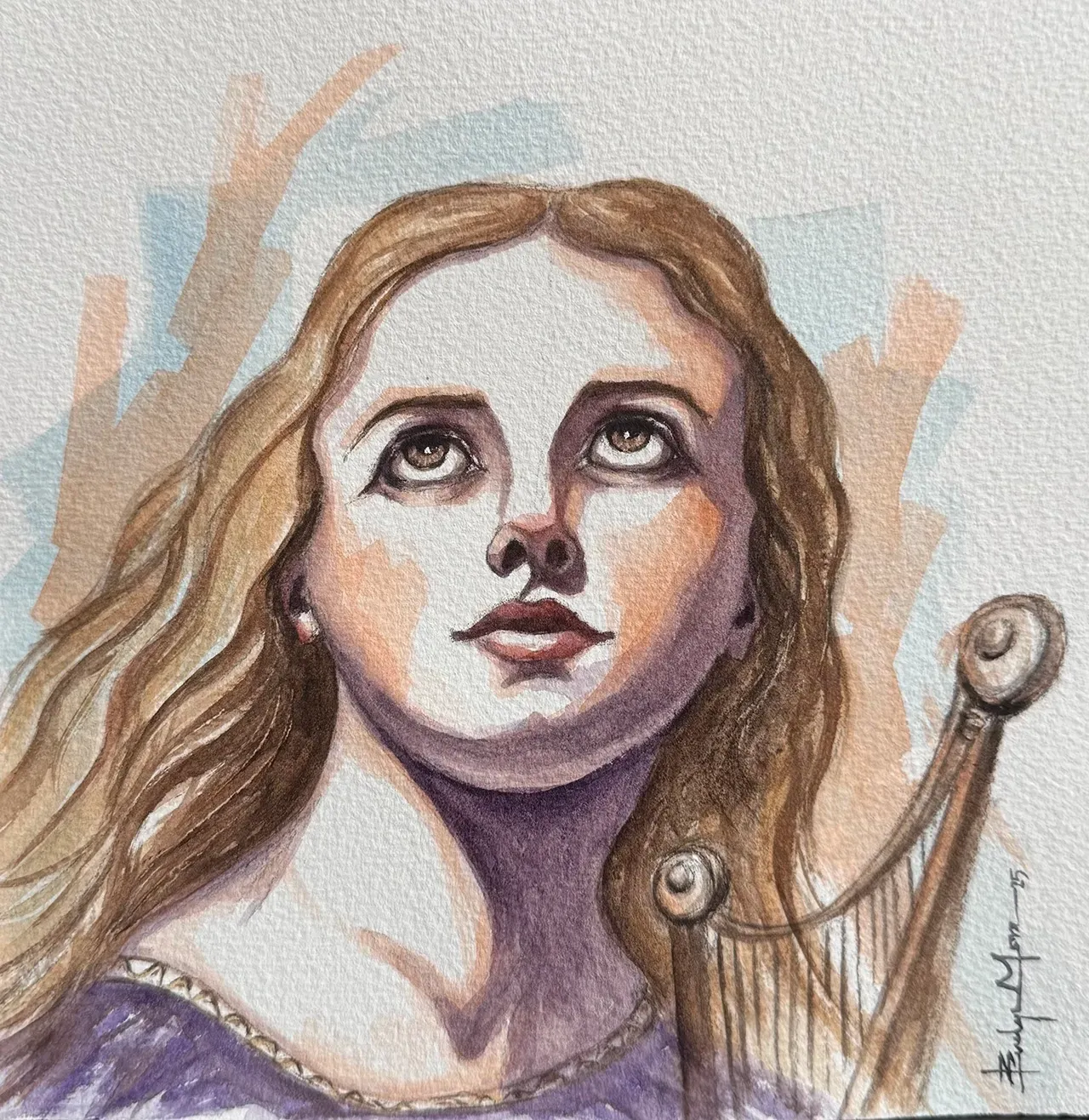 Watercolor painting of a person with long hair looking upward, holding a harp, against a light blue and tan background.