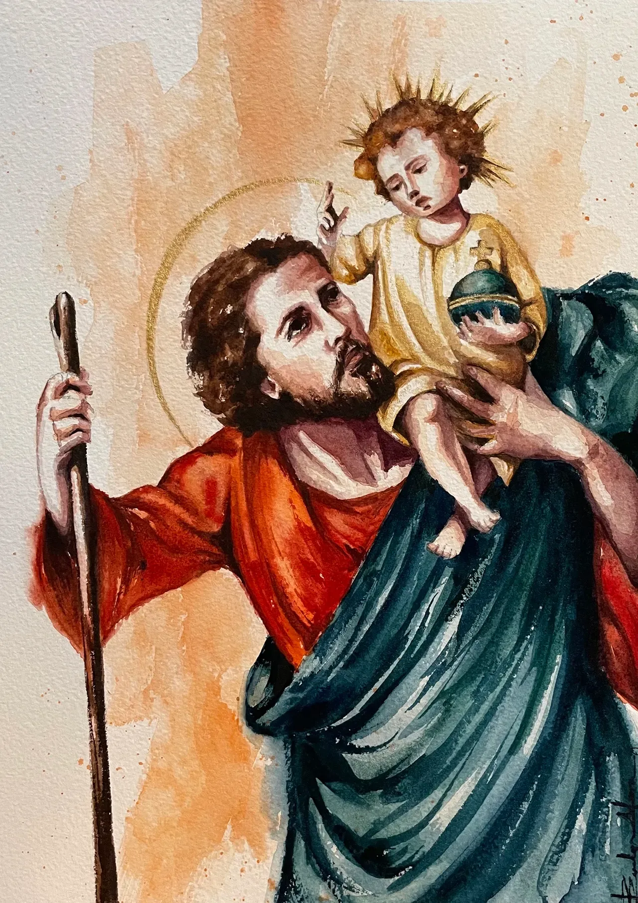 Watercolor painting of a man with a staff carrying a child holding an orb, both depicted with halos.