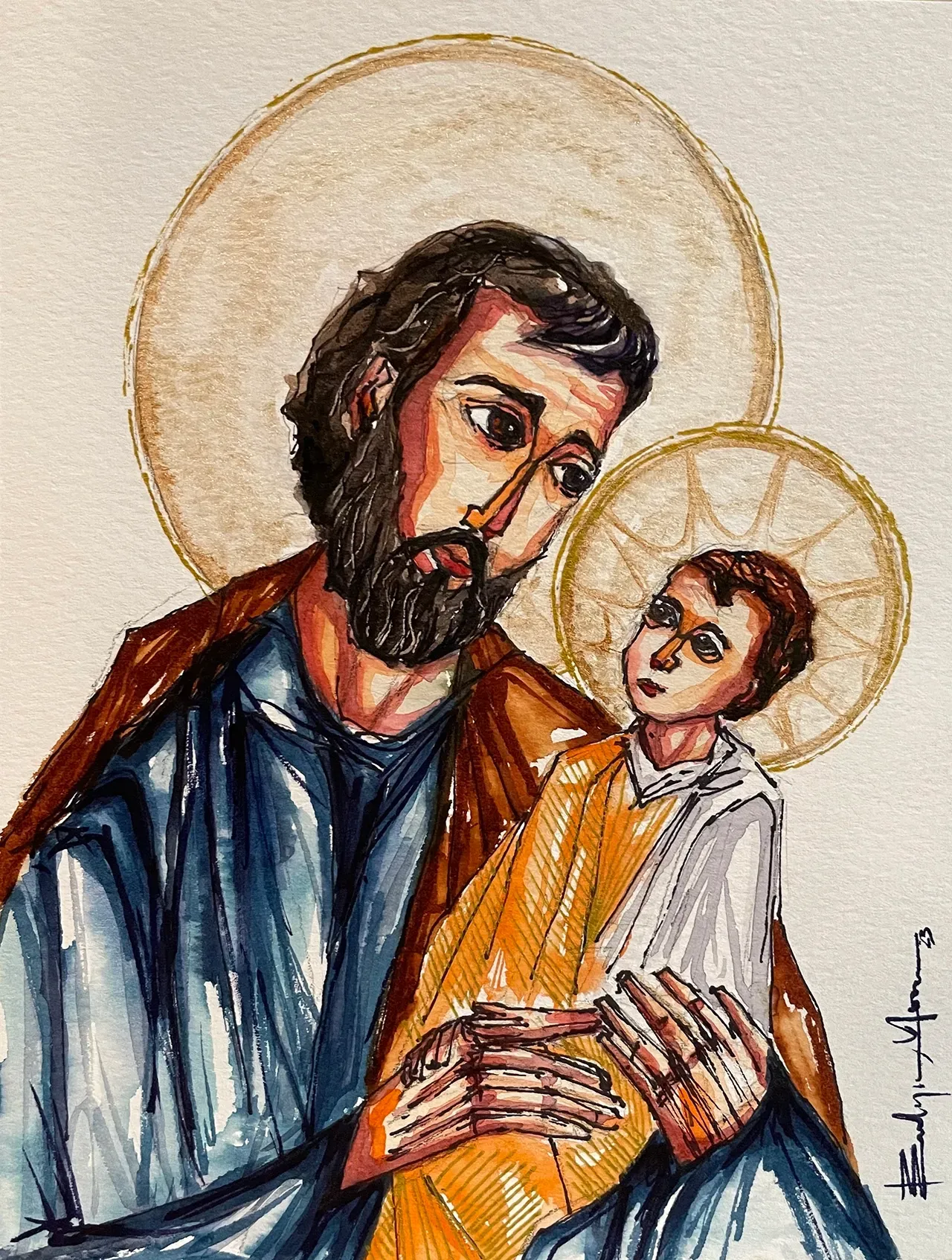An artistic illustration of a bearded man with a golden halo holding a child, who also has a halo, against a light background.