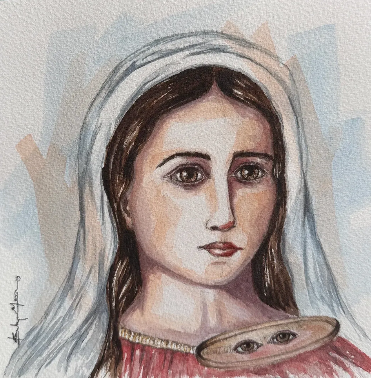 A watercolor painting shows a person wearing a head covering, with an oval medallion showing two eyes pinned to their chest.