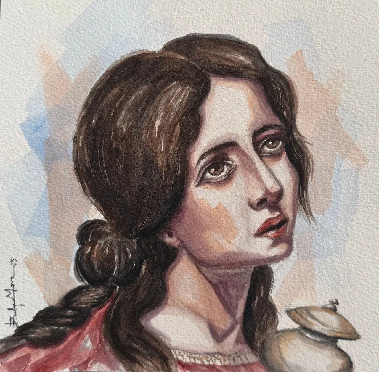 A painting showing an upward-gazing person with dark hair in a braid, wearing a red garment and holding a pale vessel.