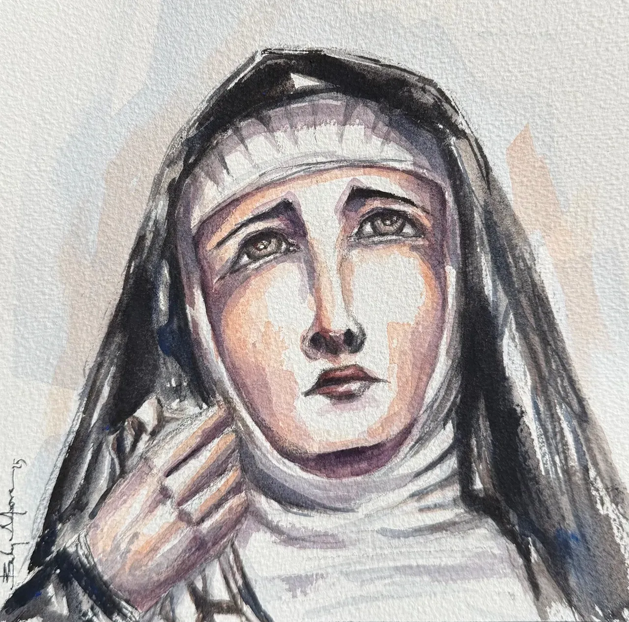 A watercolor painting of a nun with a somber expression, looking upward with hands raised near her face.