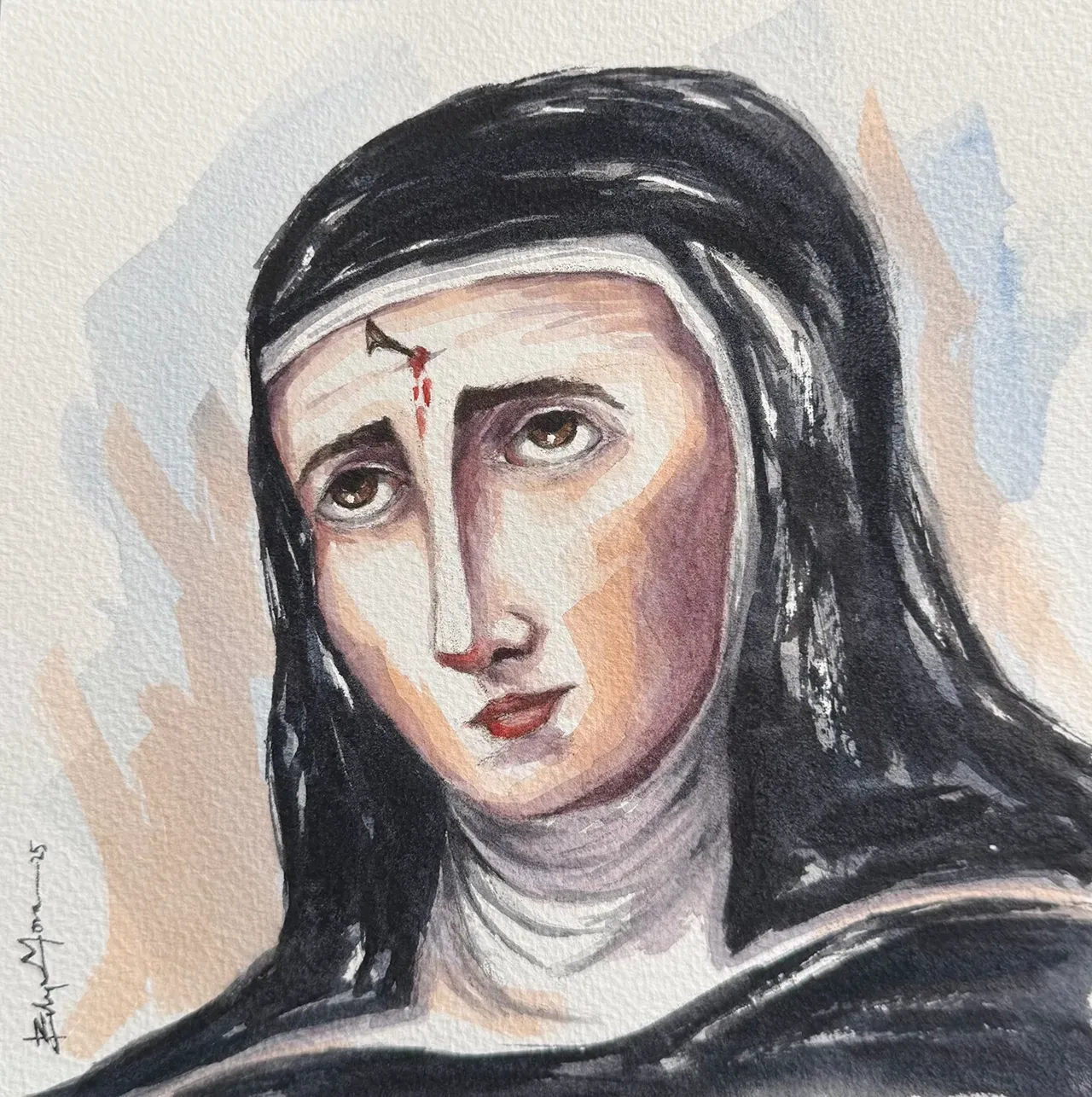 A painting of a nun with a visible thorn wound on her forehead, shown with a pensive expression against a pale background.
