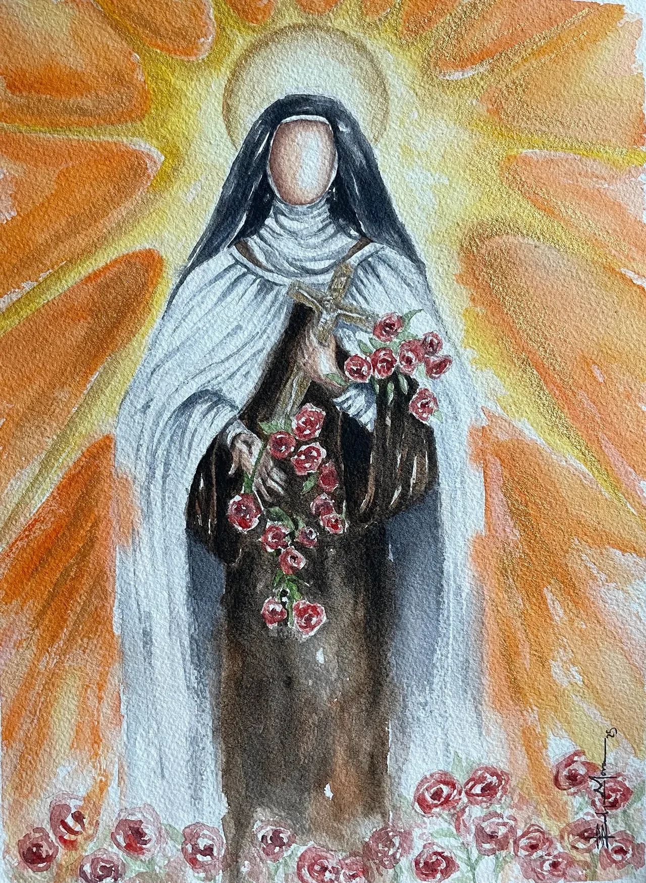 A faceless figure in a nun's habit holds red roses, surrounded by a golden, glowing sunburst and flowers on the ground.