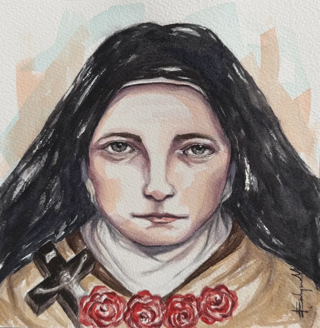 A painting of Saint Thérèse of Lisieux wearing a habit with a crucifix and a garland of red roses.