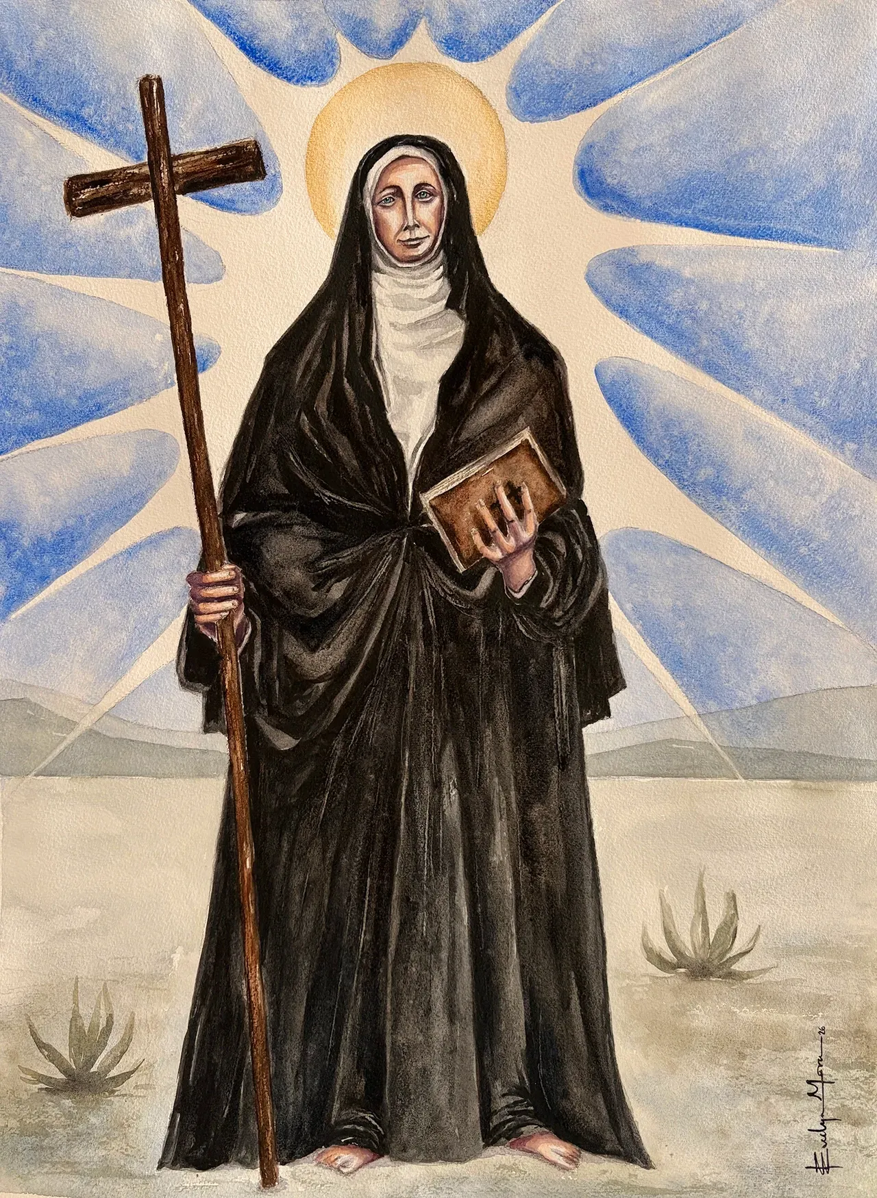 A nun in a black habit stands in a desert with a cross and book, surrounded by a radiant blue halo and agave plants.